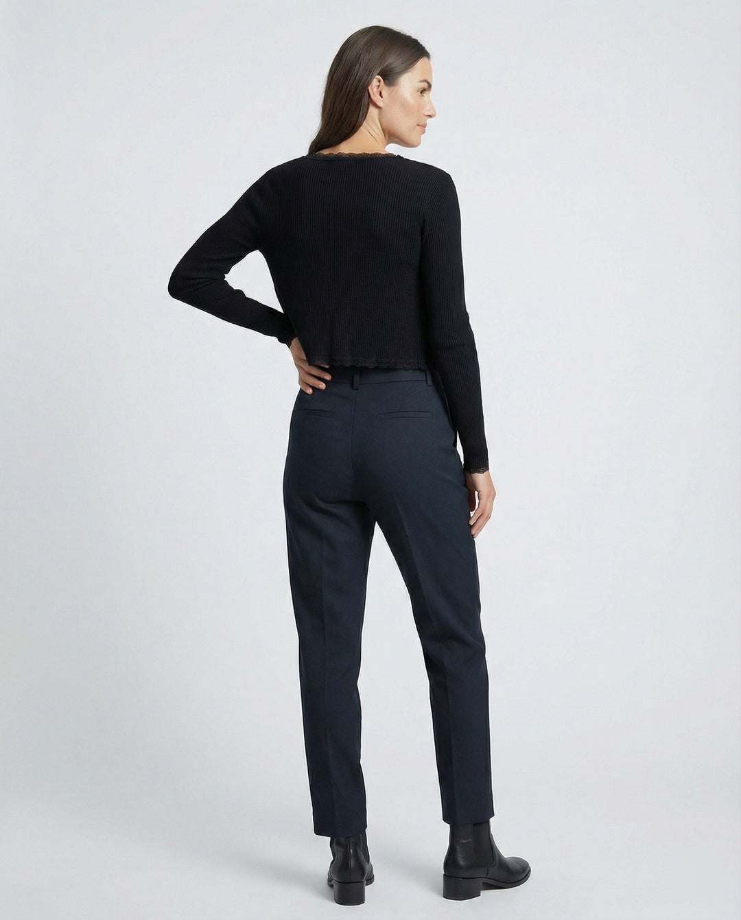 Damen feines geripptes Strick-Set mit Kurzcardigan, Spitzenbesatz-Cami und hochtaillierter Leggings EB