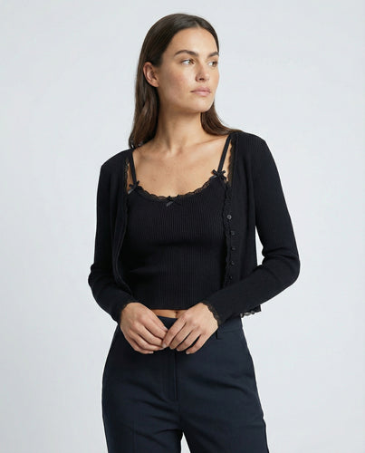 Damen feines geripptes Strick-Set mit Kurzcardigan, Spitzenbesatz-Cami und hochtaillierter Leggings EB