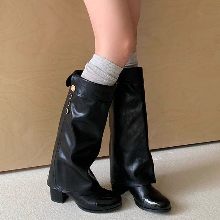 Damen Elegante Stiefel mit dekorativem Knopfdetail und Blockabsatz EB