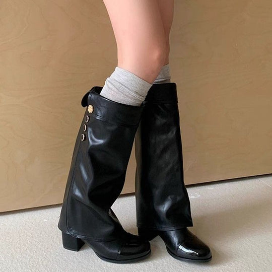 Damen Elegante Stiefel mit dekorativem Knopfdetail und Blockabsatz EB