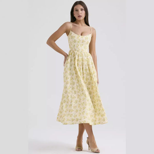 Damen Midi-Kleid mit elegantem Blumenmuster und zartem Taillenzug EB