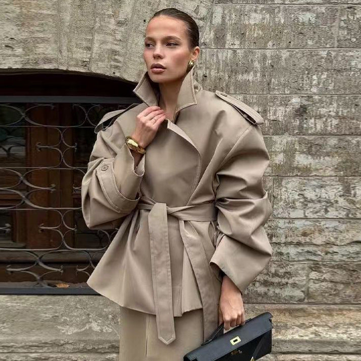 Damen nan kurze Trenchcoat-Jacke mit Taillengürtel und Doppelreiher EB