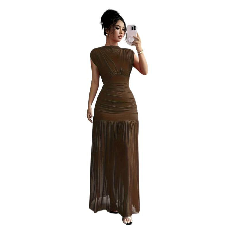 Damen Elegantes Maxikleid mit raffiniertem Drapée und transparentem Rock EB