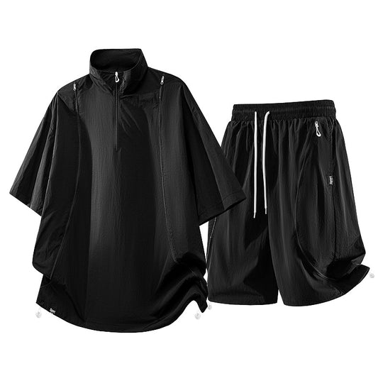 Herren nan oversized sportliches Freizeit-Set mit Halbzip, Stehkragen und elastischen Cargo-Shorts EB