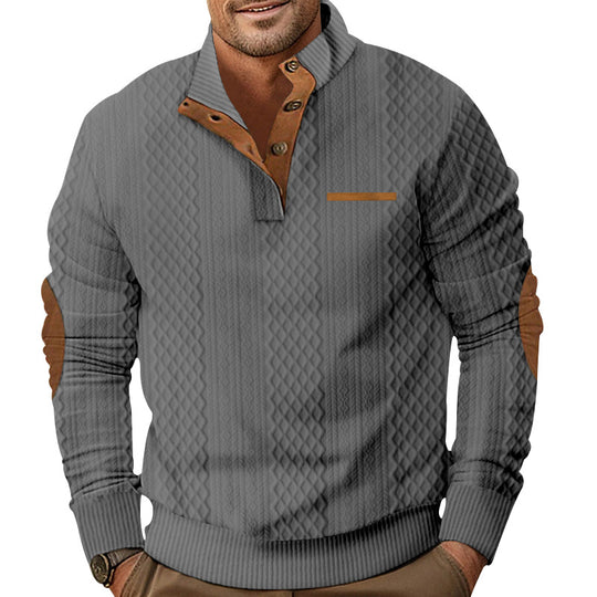 Herren Strukturiertes Kabelstrick-Sweatshirt mit Halbknopfblende, Kunstleder‑Patchtasche & Ellbogenpatches EB