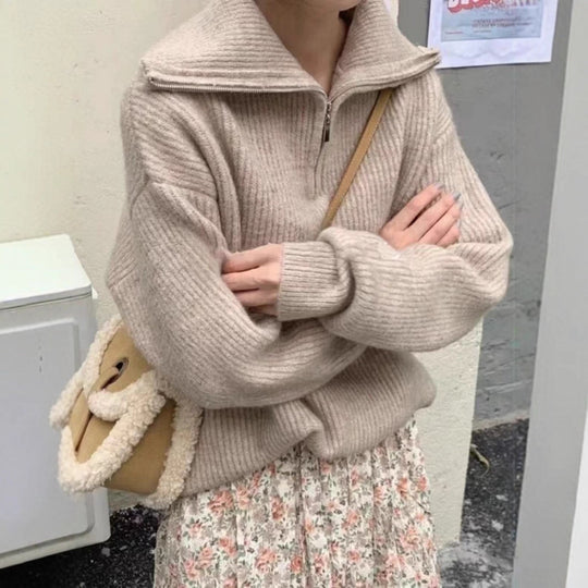 Damen Leichter Strickpullover mit hohem Kragen und Reißverschluss EB