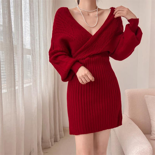 Damen Elegantes Strickkleid mit V-Ausschnitt und strukturiertem Oberteil EB