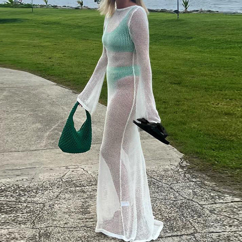 Damen Häkel-Strandmaxikleid mit weitem Schnitt und eleganten Glockenärmeln EB