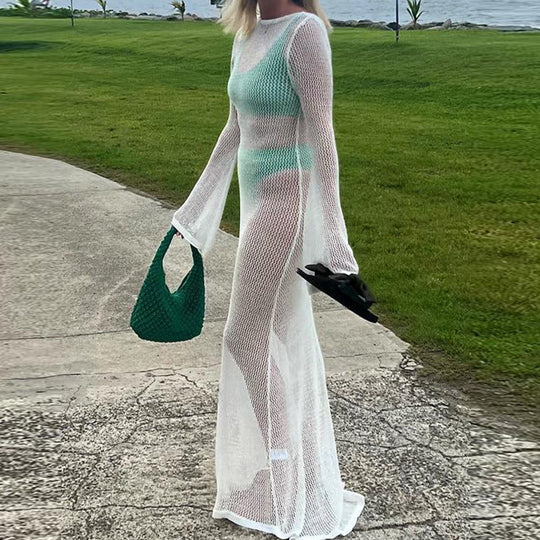 Damen Häkel-Strandmaxikleid mit weitem Schnitt und eleganten Glockenärmeln EB