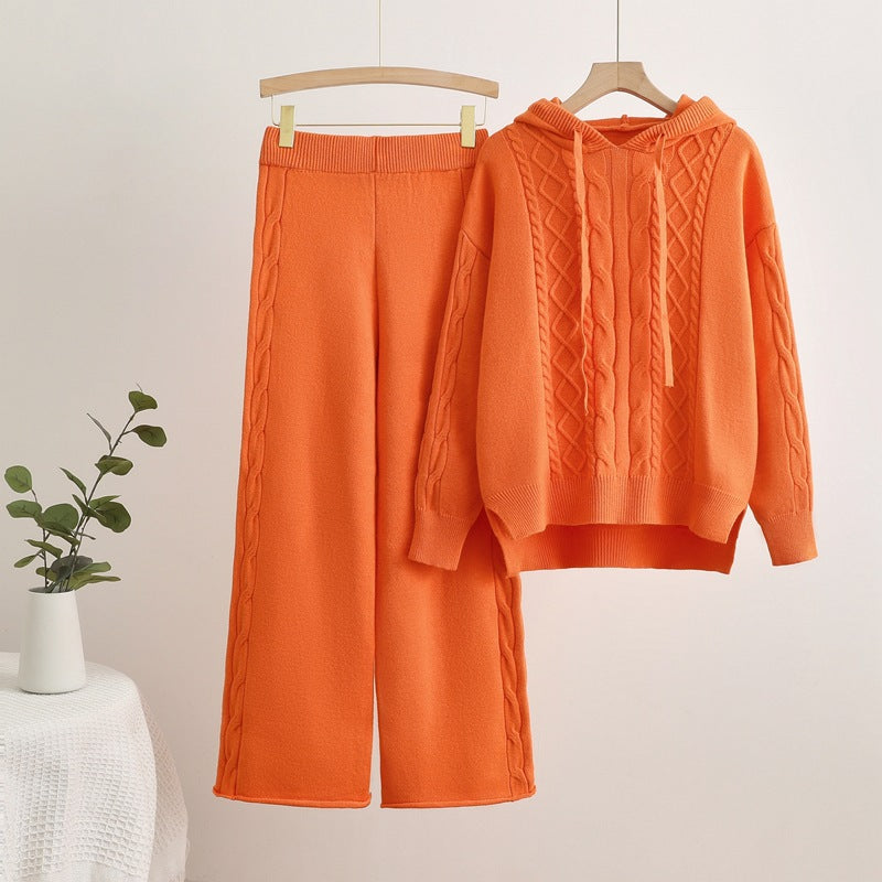 Damen lässiges Strick-Loungewear-Set mit Kapuze und breiten Beinen EB