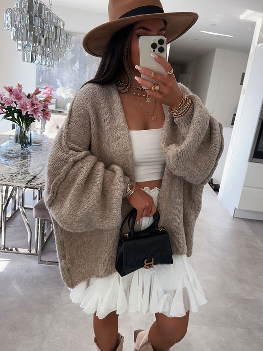 Damen oversized Strickjacke mit lässigen Ballonärmeln und strukturiertem Material EB