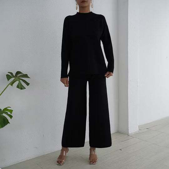 Damen elegantes und lässiges Strick-Loungewear-Set mit hohem Kragen und weiten Beinen EB