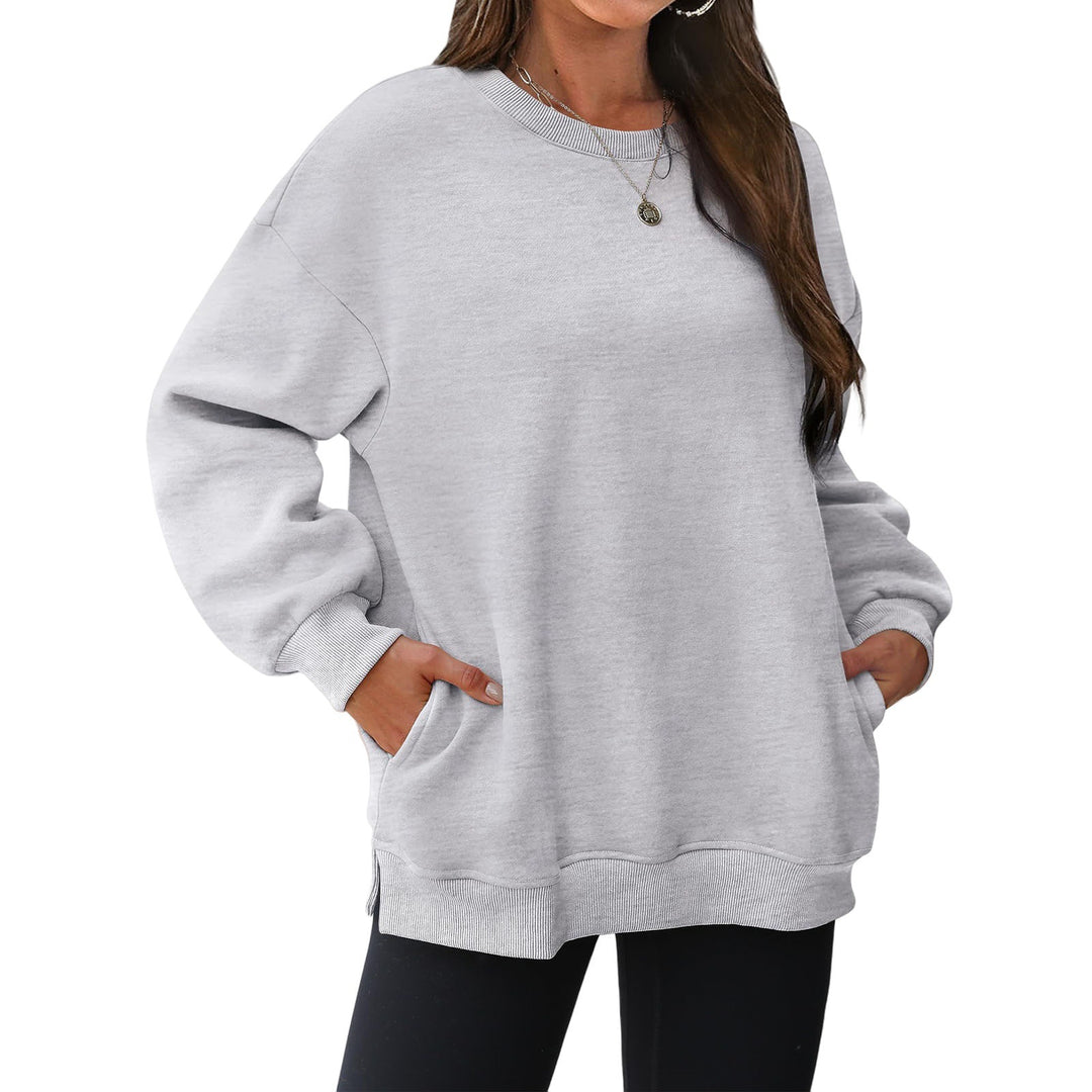 Damen nan verlängertes Oversize Rundhalspullover mit seitlichen Eingrifftaschen, Rippbündchen und überschnittener Schulter EB