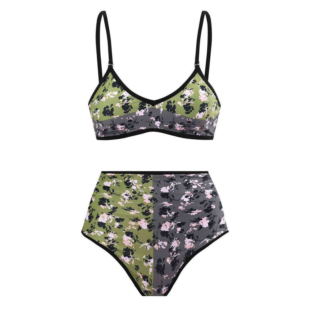 Damen Hochgeschnittener Bikini mit floralem Muster und kontrastierendem Detail EB