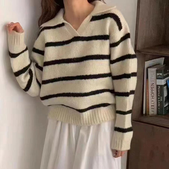 Damen Lässiger Streifenpullover mit Kragen und lockerer Passform EB