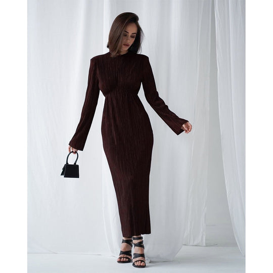 Damen Elegantes Maxikleid mit strukturierten Falten und langen Ärmeln EB