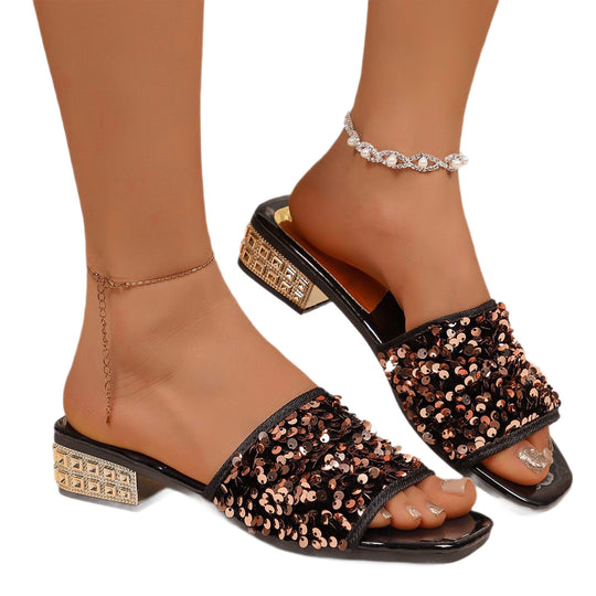 Damen Glitzernde Mules mit Blockabsatz EB