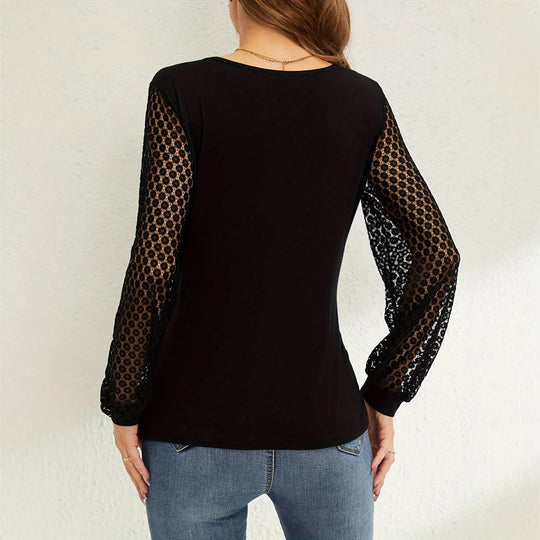 Damen nan elegante Wickelbluse mit Spitzenärmeln und tiefem V-Ausschnitt EB