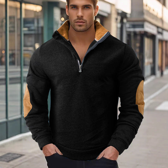 Herren nan Kurzzip-Stehkragenpullover mit Kontrastkragen und Wildleder-Ellenbogenpatches EB