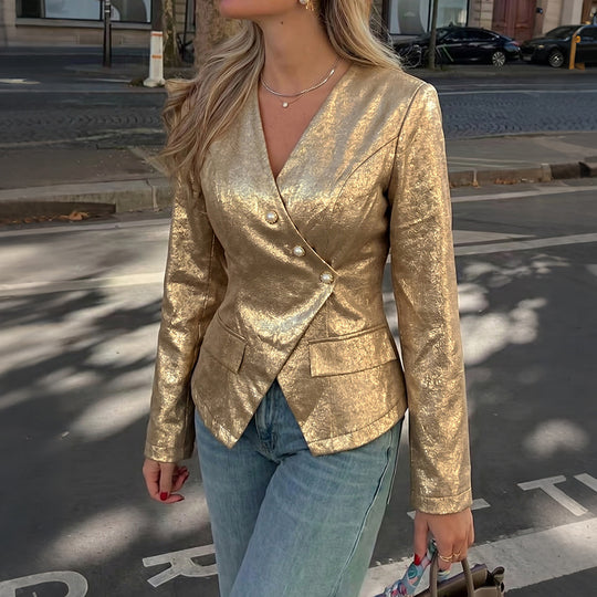 Damen Taillierter Metallic-Blazer mit Perlenknopfleiste und Schößchen EB