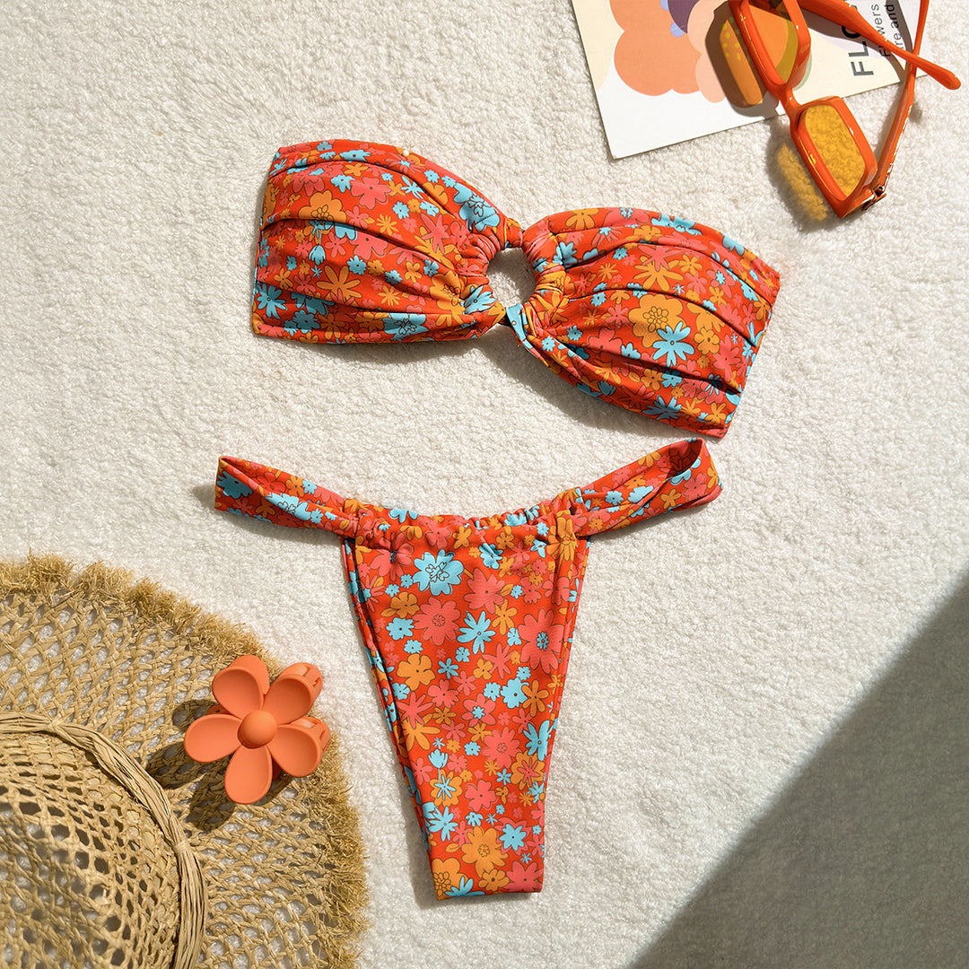 Damen Bandeau-Bikini mit Blumenmuster und Schlaufen-Detail EB