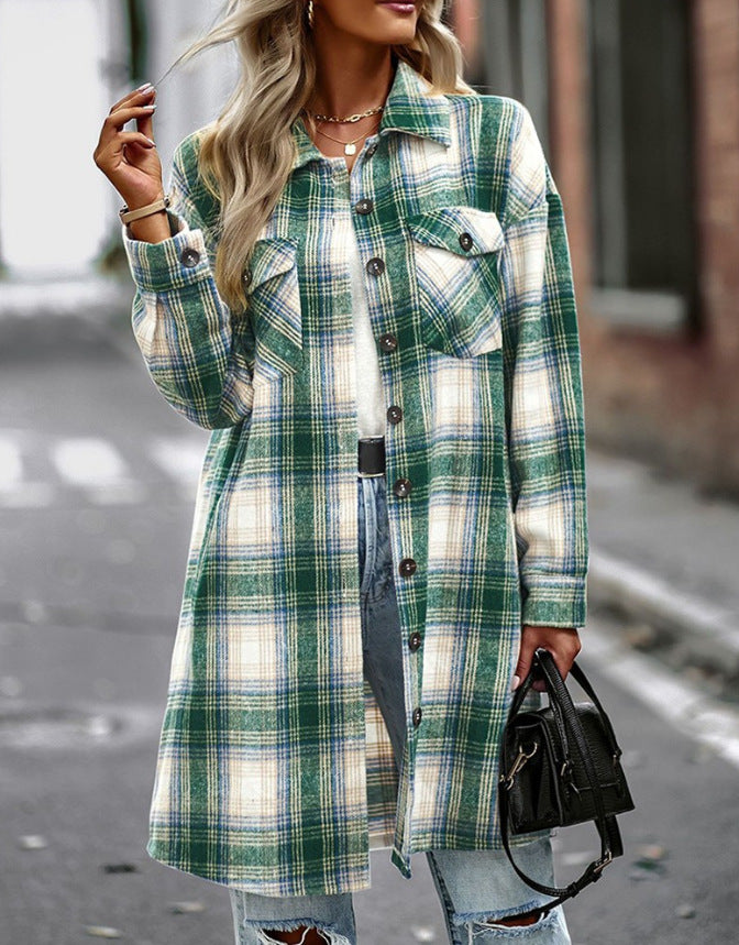 Damen Langarmhemdjacke im Karomuster mit großen Taschen EB
