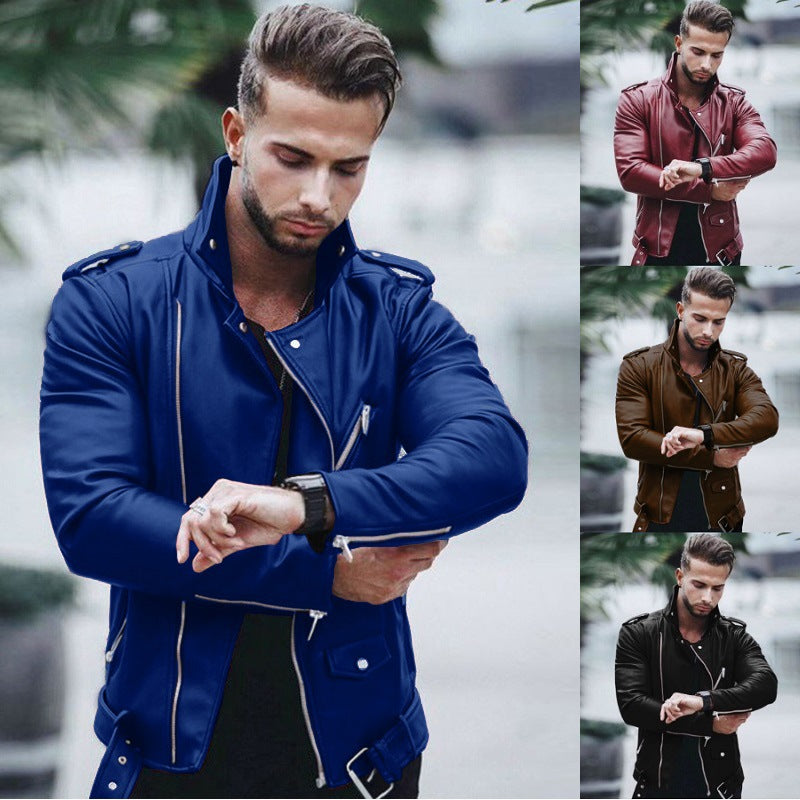 Herren nan stylische Bikerjacke aus Kunstleder mit asymmetrischem Reißverschluss und tailliertem Schnitt EB