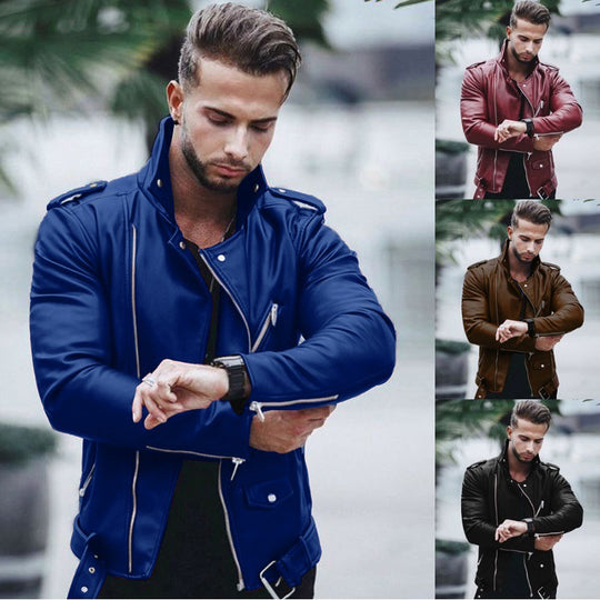 Herren nan stylische Bikerjacke aus Kunstleder mit asymmetrischem Reißverschluss und tailliertem Schnitt EB