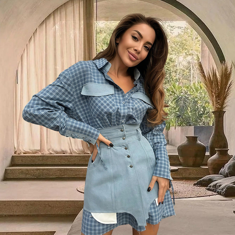 Damen Karo Hemdbluse mit Jeansrock und artisanalem Schnitt EB