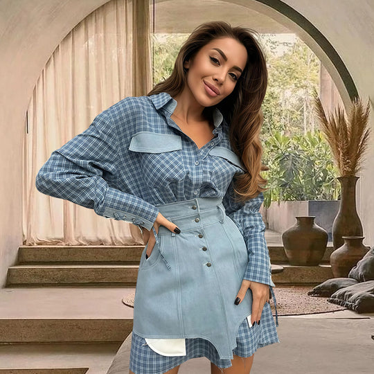 Damen Karo Hemdbluse mit Jeansrock und artisanalem Schnitt EB