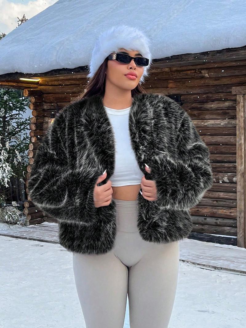 Damen Trendige und flauschige Kunstpelzjacke EB