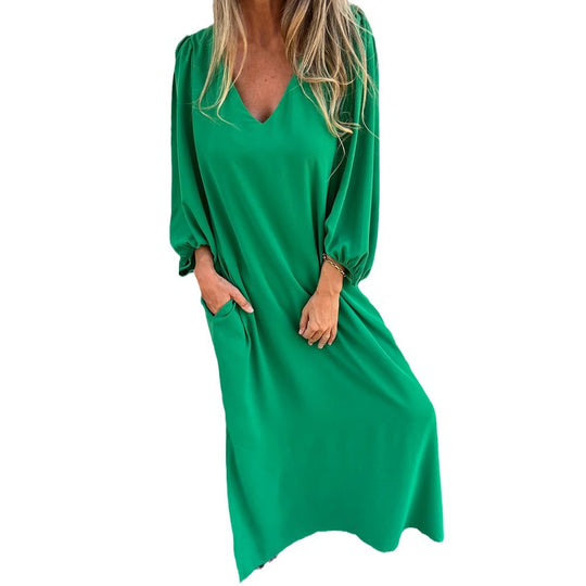 Damen elegantes Maxikleid mit V-Ausschnitt und praktischen Seitentaschen EB