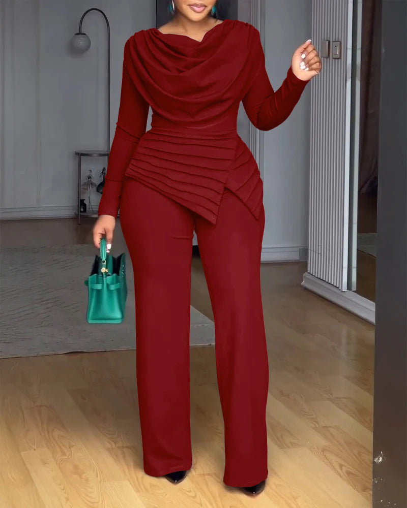 Damen Zweiteiliges Ensemble mit Wasserfall-Drapé-Oberteil, abgestuftem Peplum und gerader Bundfalten-Hose EB
