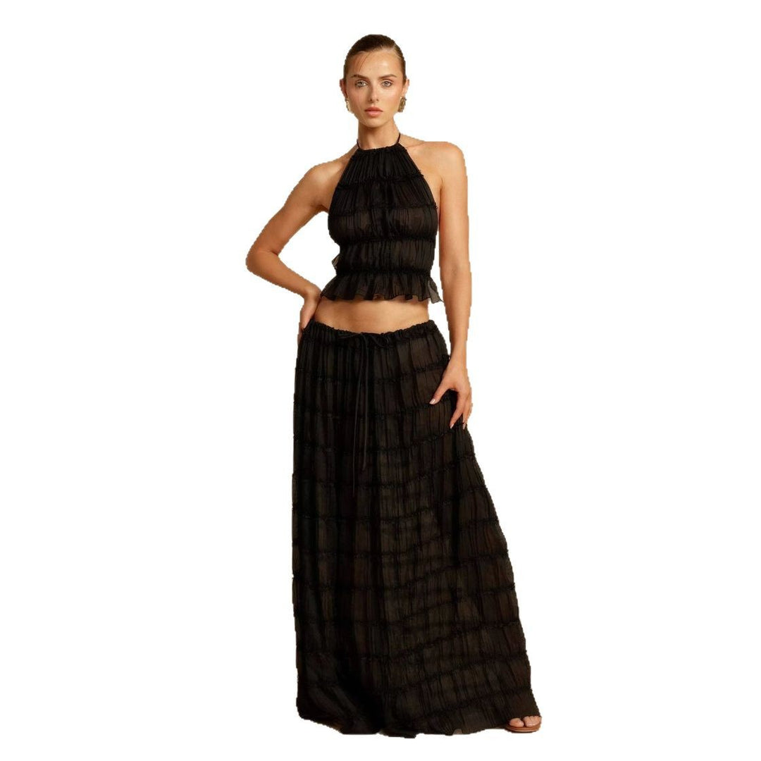 Damen Elegantes und verspieltes Zweiteiliges Sommerkleid mit gerafftem Oberteil und fließendem Rock EB