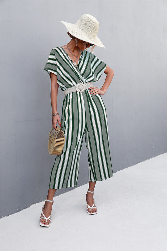 Damen eleganter Jumpsuit mit V-Ausschnitt, breiten Ärmeln und anisstreifendem Design EB