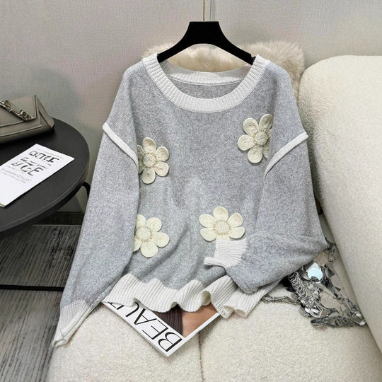 Damen Strickpullover mit floralen Applikationen EB
