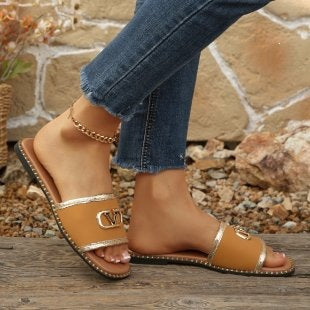 Damen modische Riemchen-Sandalen mit goldenen Details EB
