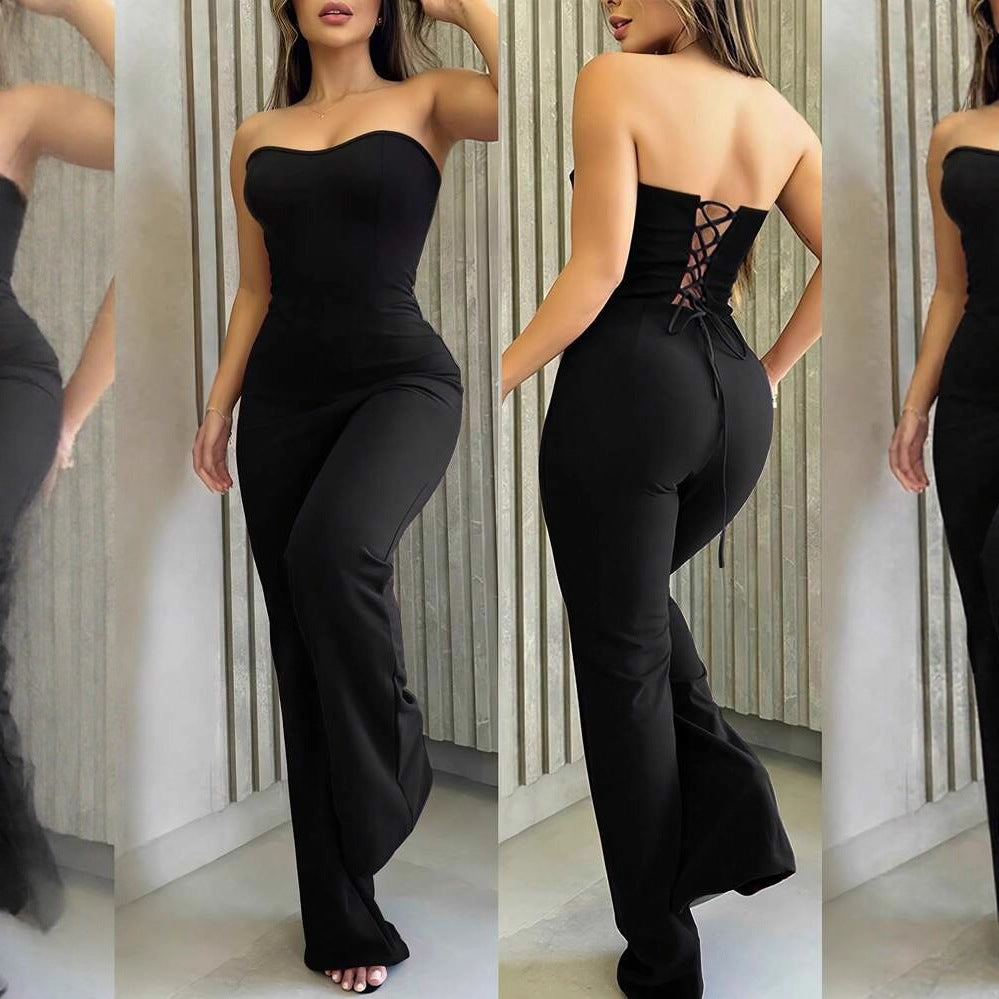 Damen Figurschmeichelnder Jumpsuit mit elegantem Bandeau-Ausschnitt und weitem Bein EB