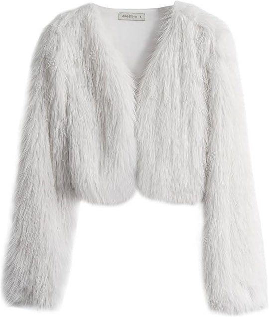 Damen Kurze glamouröse Kunstfelljacke mit lockeren Ärmeln EB