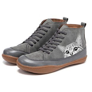 Damen nan knöchelhohe Sneaker mit niedlichem Katzenmotiv Stickerei und ergonomischem Komfortfußbett EB