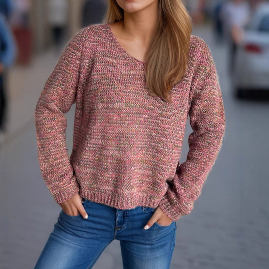 Damen lässiger V-Ausschnitt Pullover mit strukturiertem Maschenmuster EB