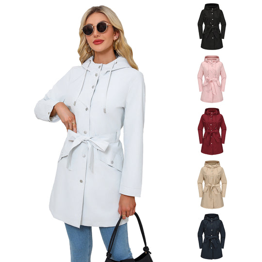 Damen wasserfeste Übergangsjacke mit verstellbarem Kapuzenkragen und Taillengürtel EB