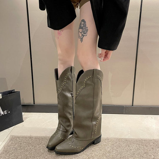 Damen Cowboy-Stiefel mit dekorativen Nieten und komfortablem Blockabsatz EB