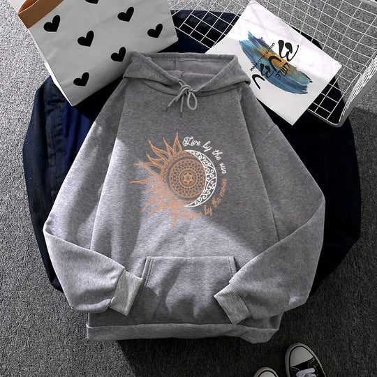 Damen nan Kapuzenpullover mit Sonn-und-Mond-Mandala, Kängurutasche und angerautem Fleece EB