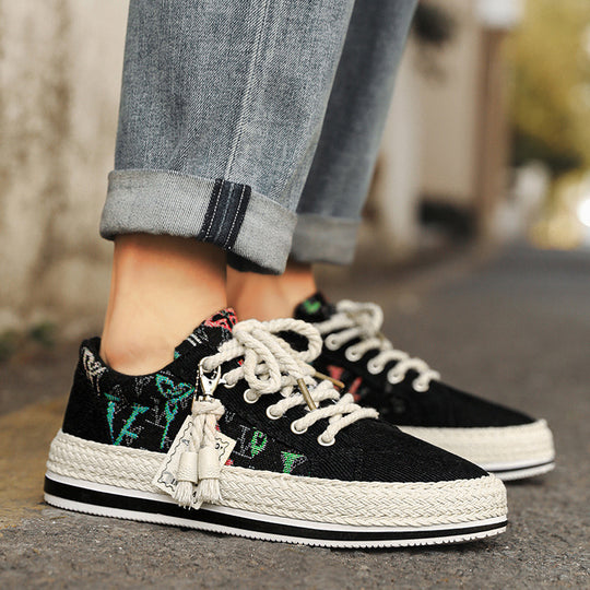 Damen modische Sneakers mit trendigem Textil-Obermaterial und geflochtener Sohle EB