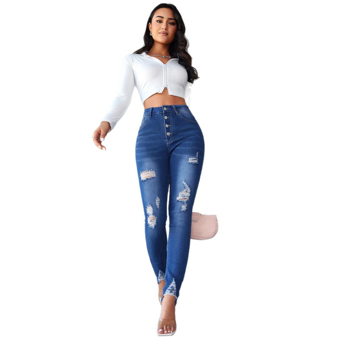 Damen High-Waist Skinny Jeans mit modischen Rissen und Knopfdetails EB