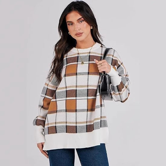 Damen oversized Pullover mit Karomuster und lässigem Schnitt EB