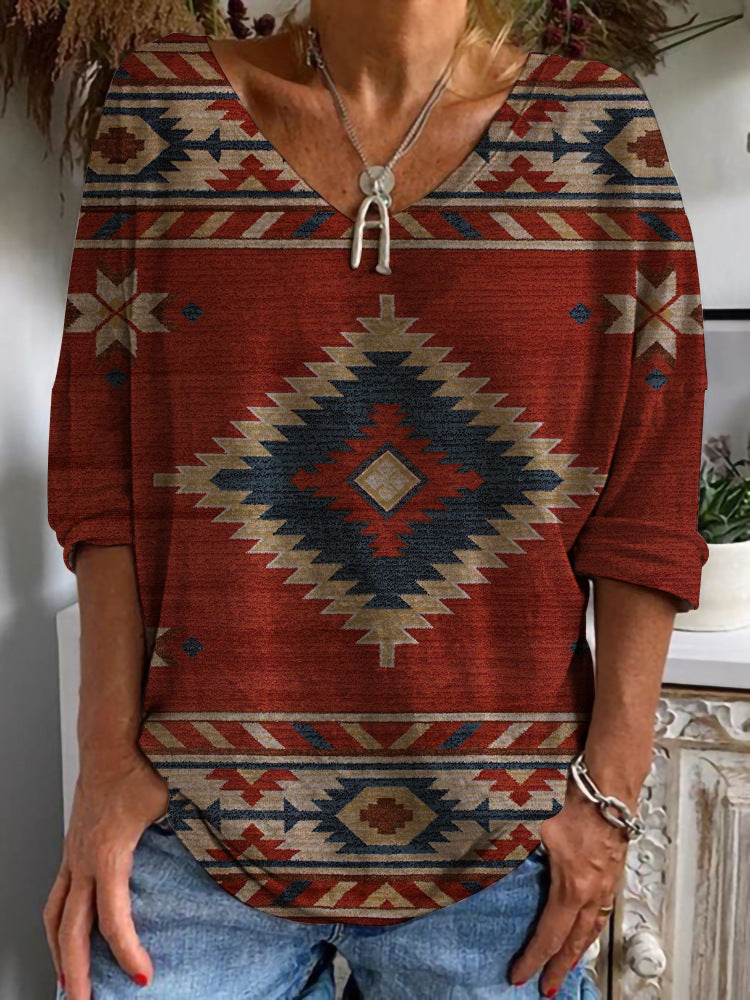 Damen Aztekisch gemustertes Oversize-Tunika-Top mit V-Ausschnitt und dreiviertel-Ärmeln EB