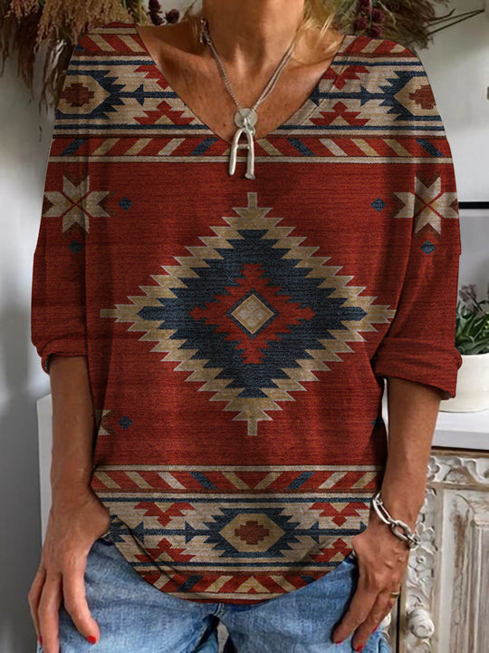 Damen Aztekisch gemustertes Oversize-Tunika-Top mit V-Ausschnitt und dreiviertel-Ärmeln EB