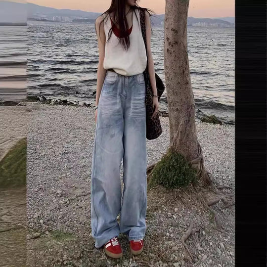 Damen Weite Denim-Hose mit lässigem Schnitt und individuellen Waschungen EB